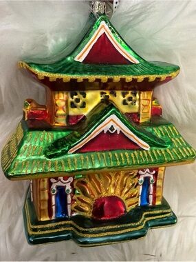 Green and Red Pagoda Glass Ornament